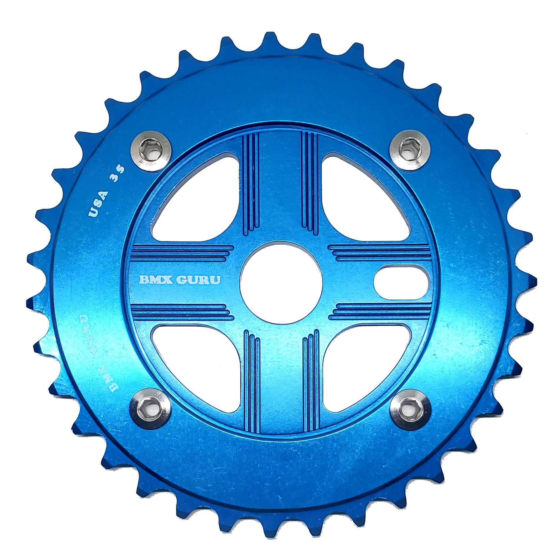 BMXGuru 35T Aluminum Spider & 4-bolt Chainring Combo - Blue over Blue - USA Made