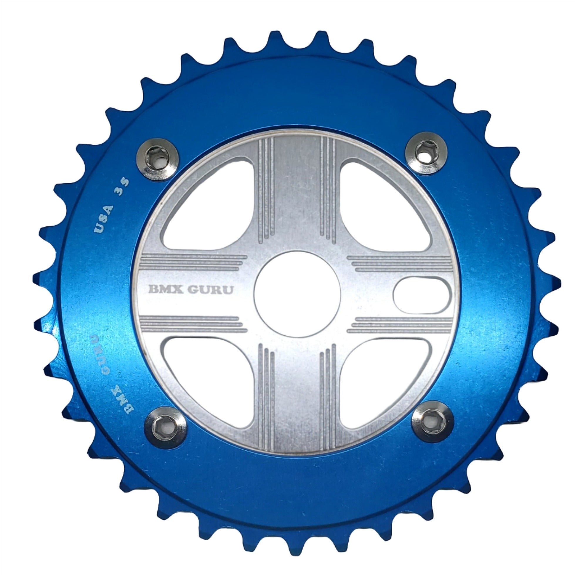 BMXGuru 35T Aluminum Spider & 4-bolt Chainring Combo - Blue over Silver - USA Made