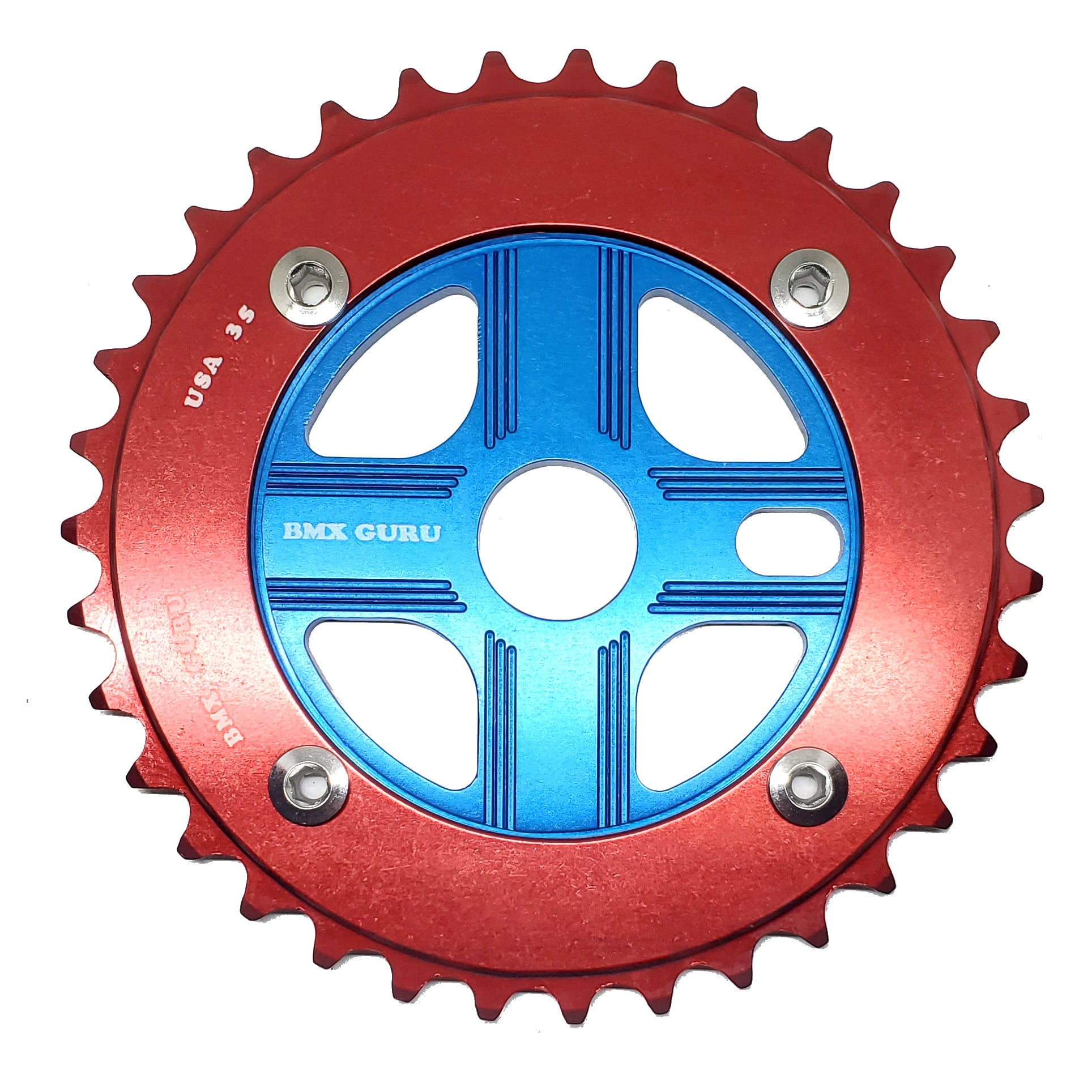 BMXGuru 35T Aluminum Spider & 4-bolt Chainring Combo - Red over Blue - USA Made