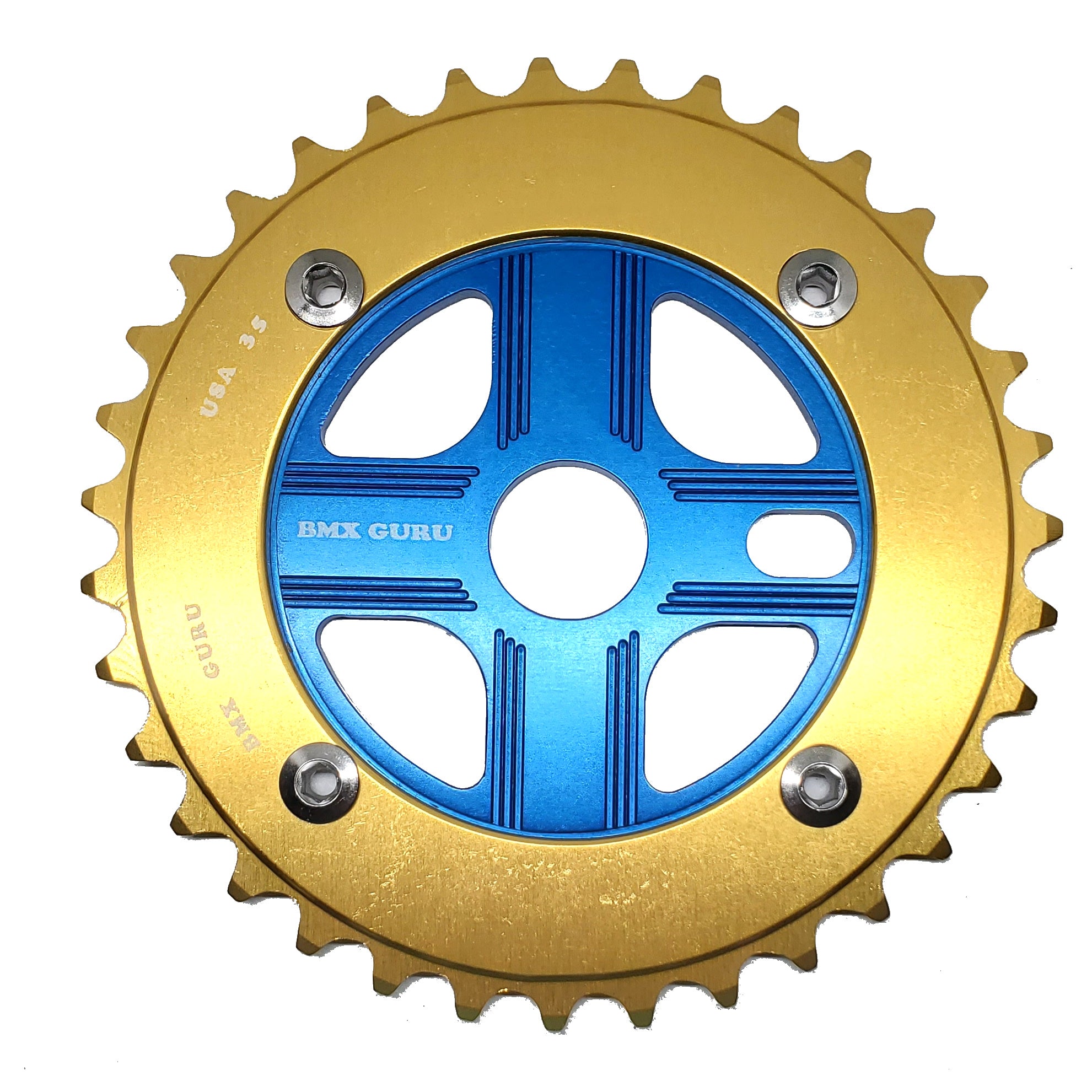 BMXGuru 35T Aluminum Spider & 4-bolt Chainring Combo - Gold over Blue - USA Made