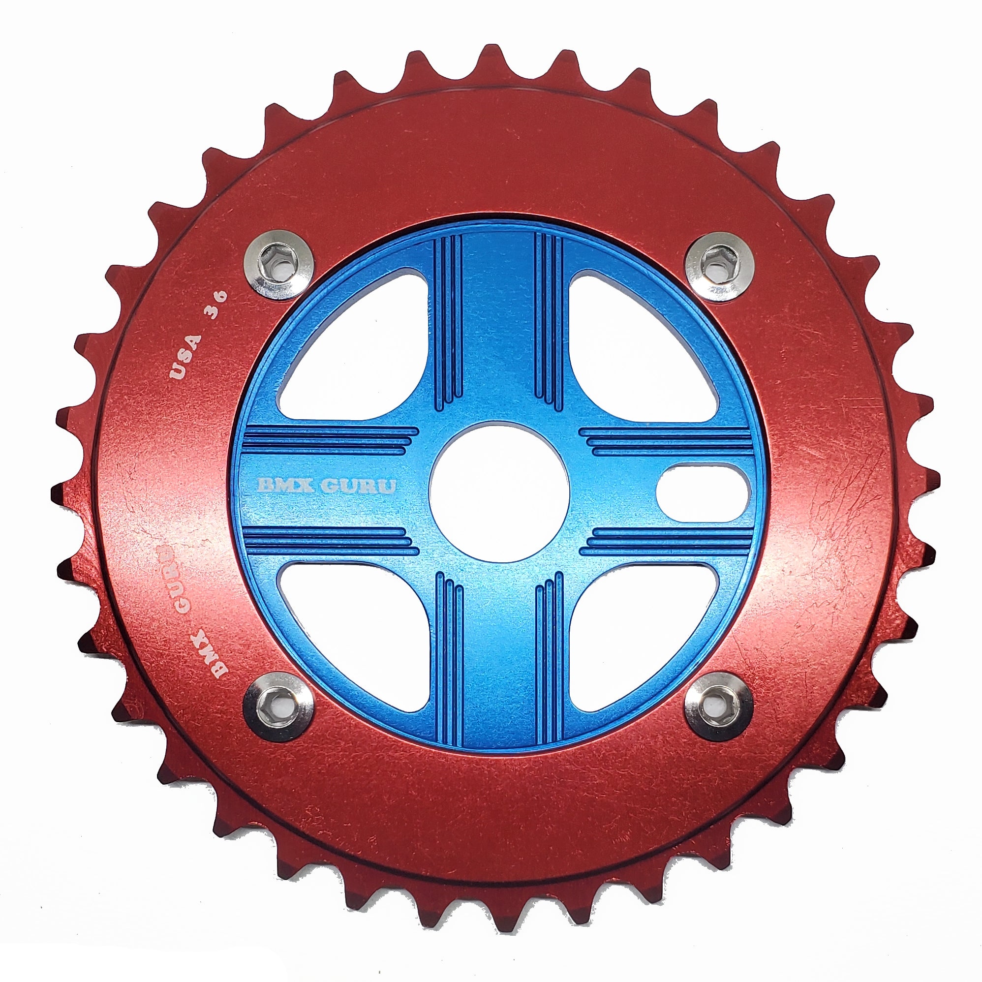 BMXGuru 36T Aluminum Spider & 4-bolt Chainring Combo - Red over Blue - USA Made