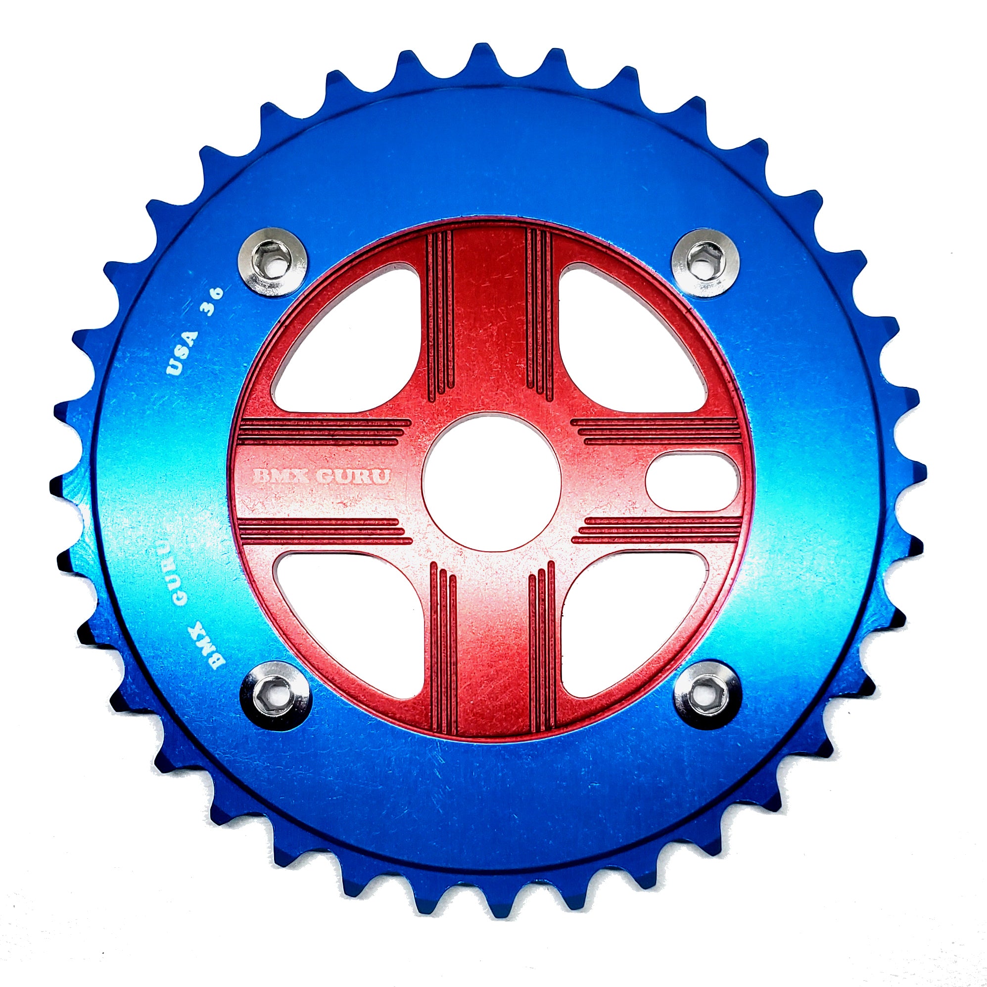 BMXGuru 36T Aluminum Spider & 4-bolt Chainring Combo - Blue over Red - USA Made