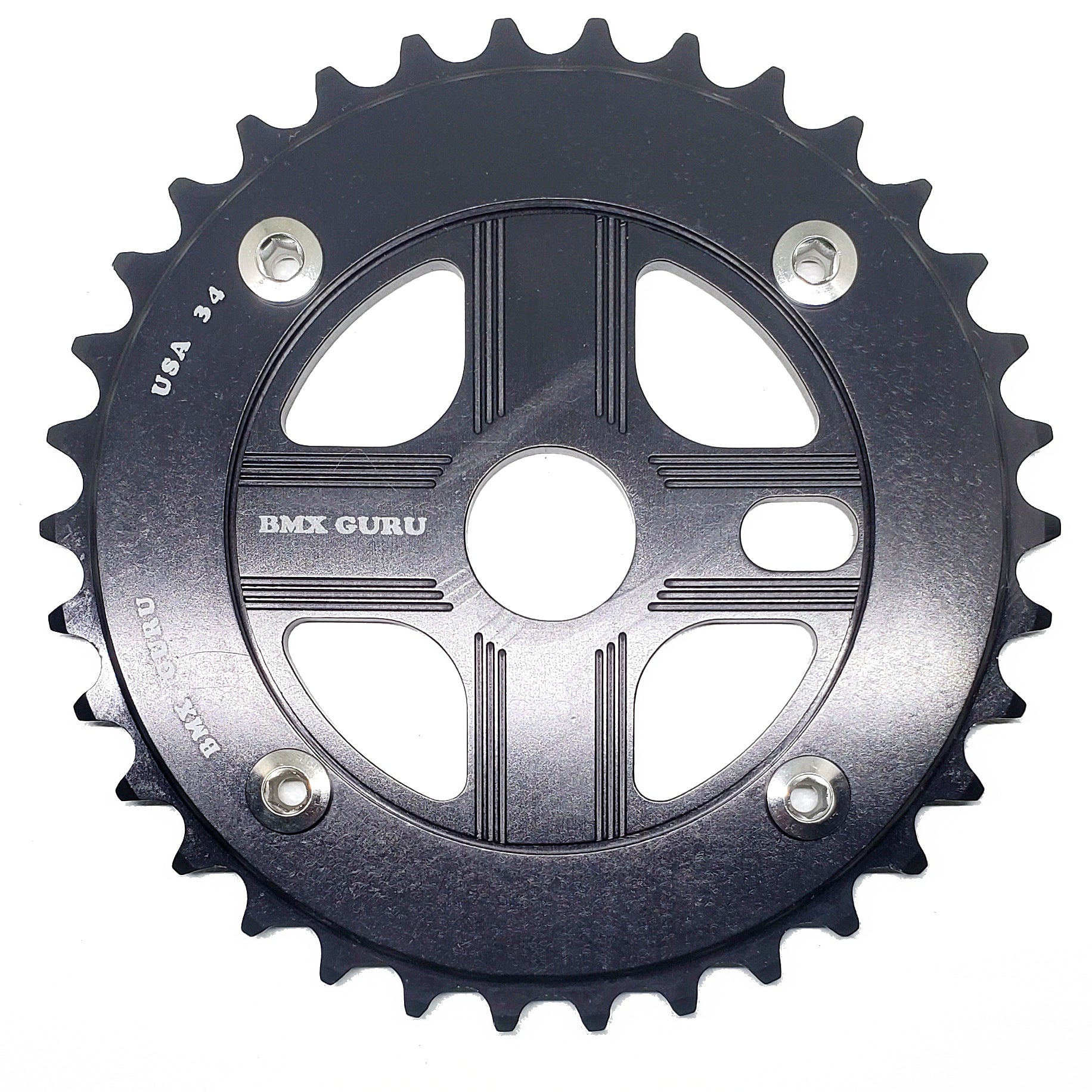 BMXGuru 34T Aluminum Spider & 4-bolt Chainring Combo - Black over Black - USA Made