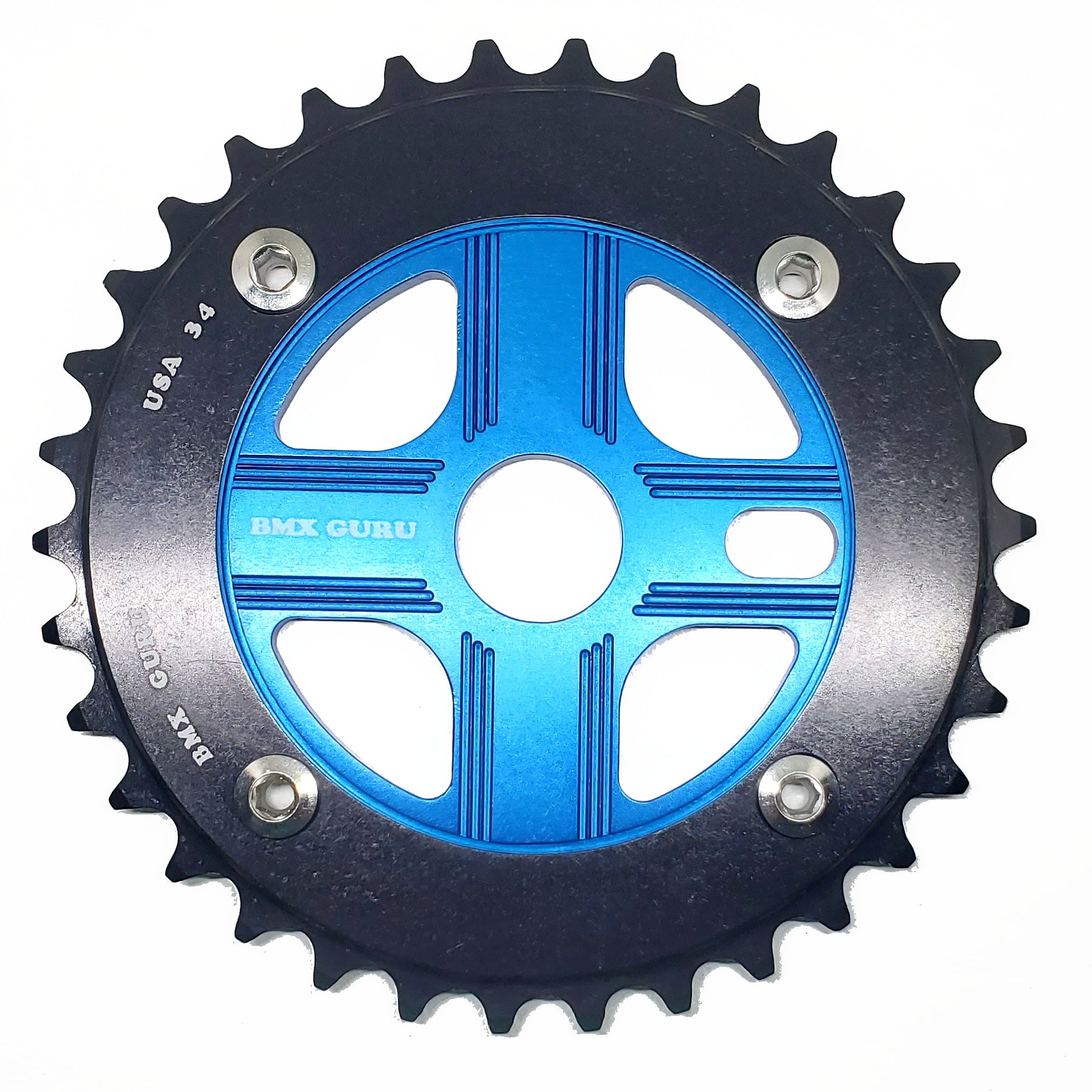 BMXGuru 34T Aluminum Spider & 4-bolt Chainring Combo - Black over Blue - USA Made