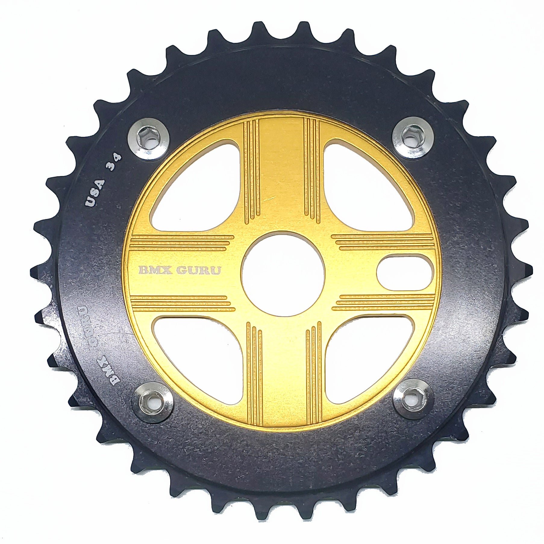 BMXGuru 34T Aluminum Spider & 4-bolt Chainring Combo - Black over Gold - USA Made