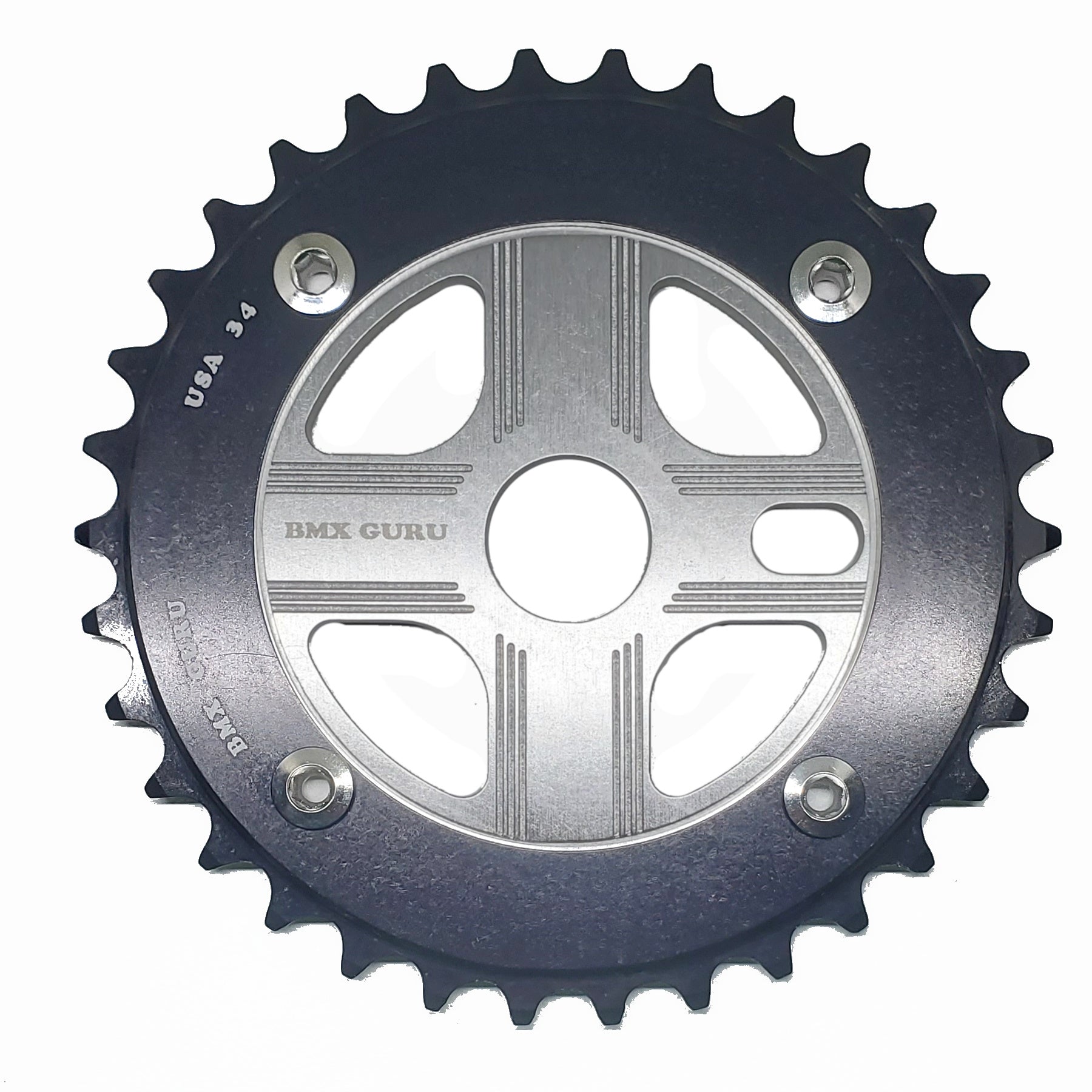 BMXGuru 34T Aluminum Spider & 4-bolt Chainring Combo - Black over Silver - USA Made