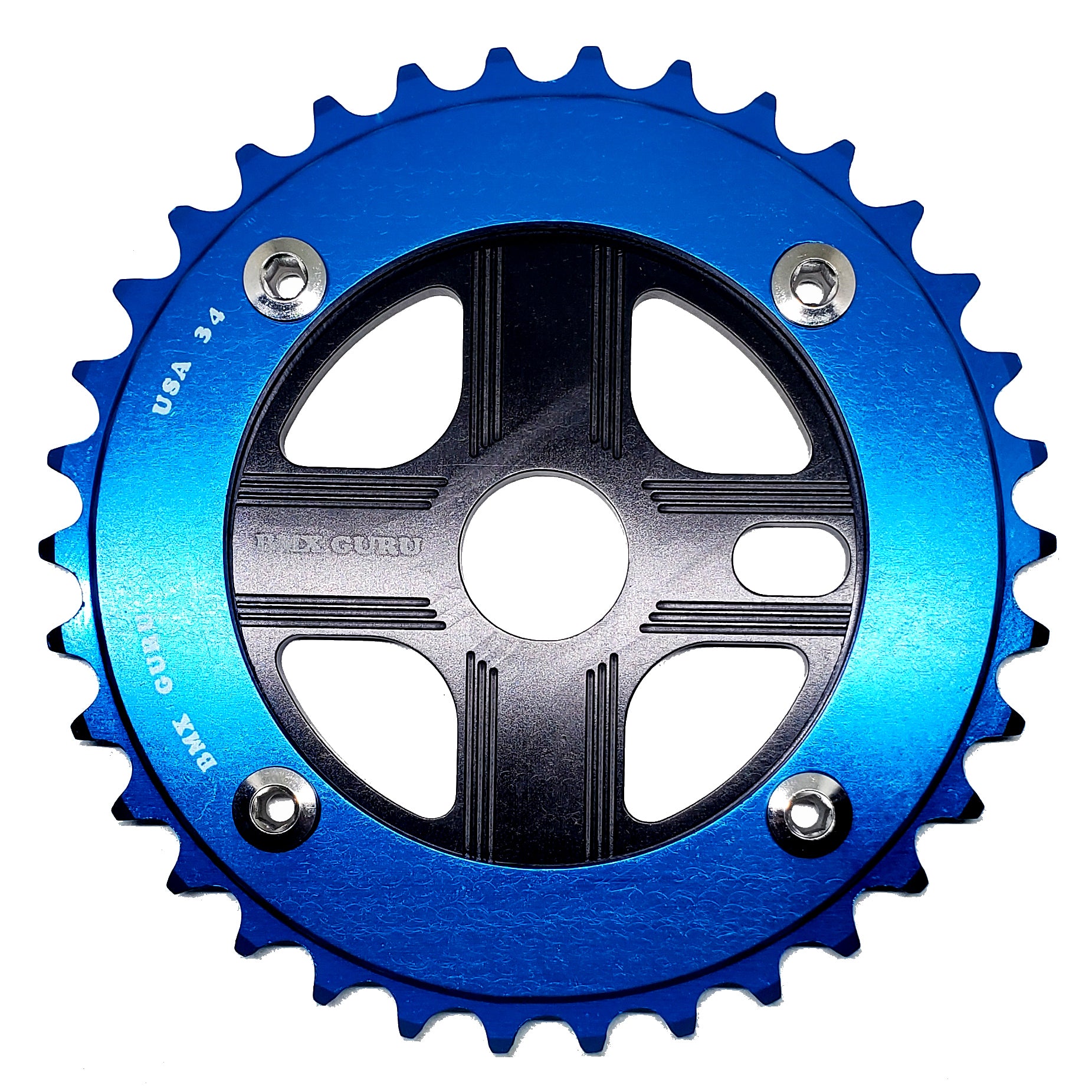 BMXGuru 34T Aluminum Spider & 4-bolt Chainring Combo - Blue over Black - USA Made