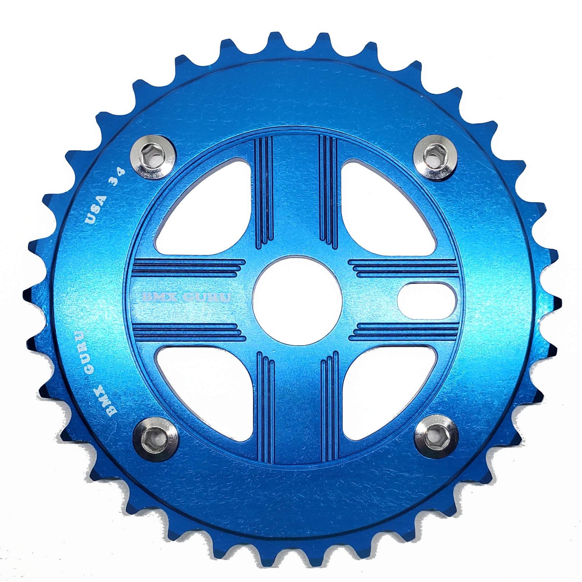 BMXGuru 34T Aluminum Spider & 4-bolt Chainring Combo - Blue over Blue - USA Made