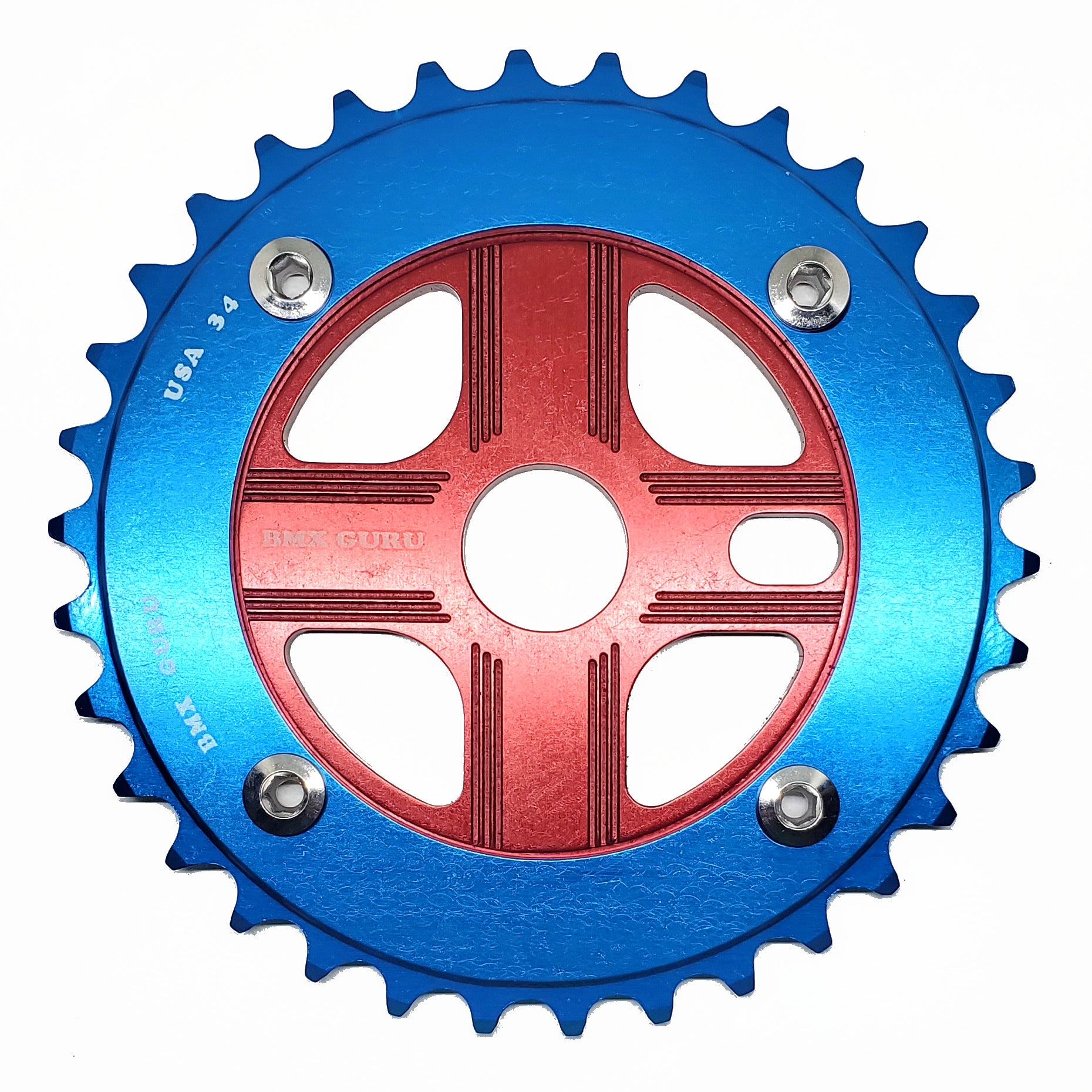 BMXGuru 34T Aluminum Spider & 4-bolt Chainring Combo - Blue over Red - USA Made