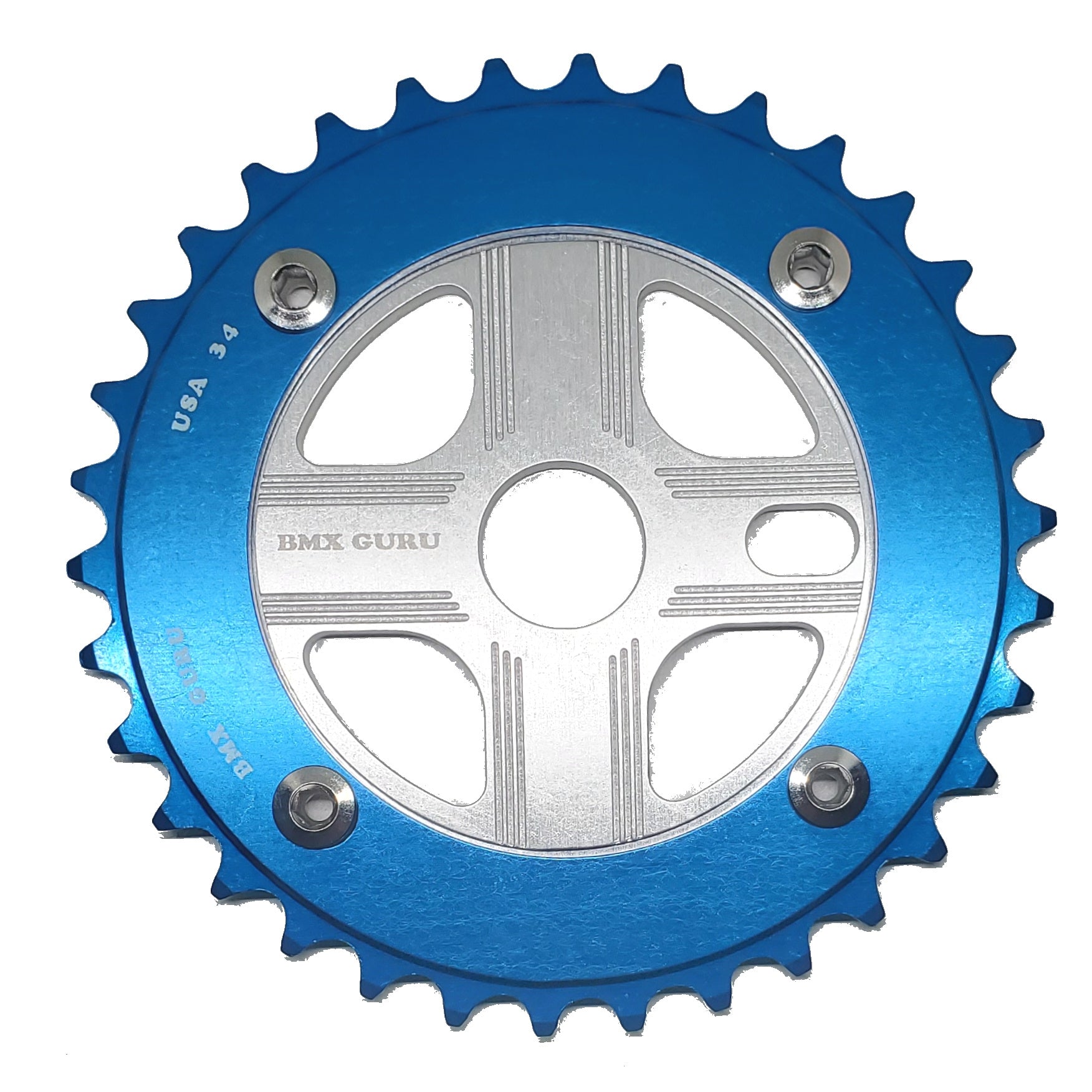 BMXGuru 34T Aluminum Spider & 4-bolt Chainring Combo - Blue over Silver - USA Made