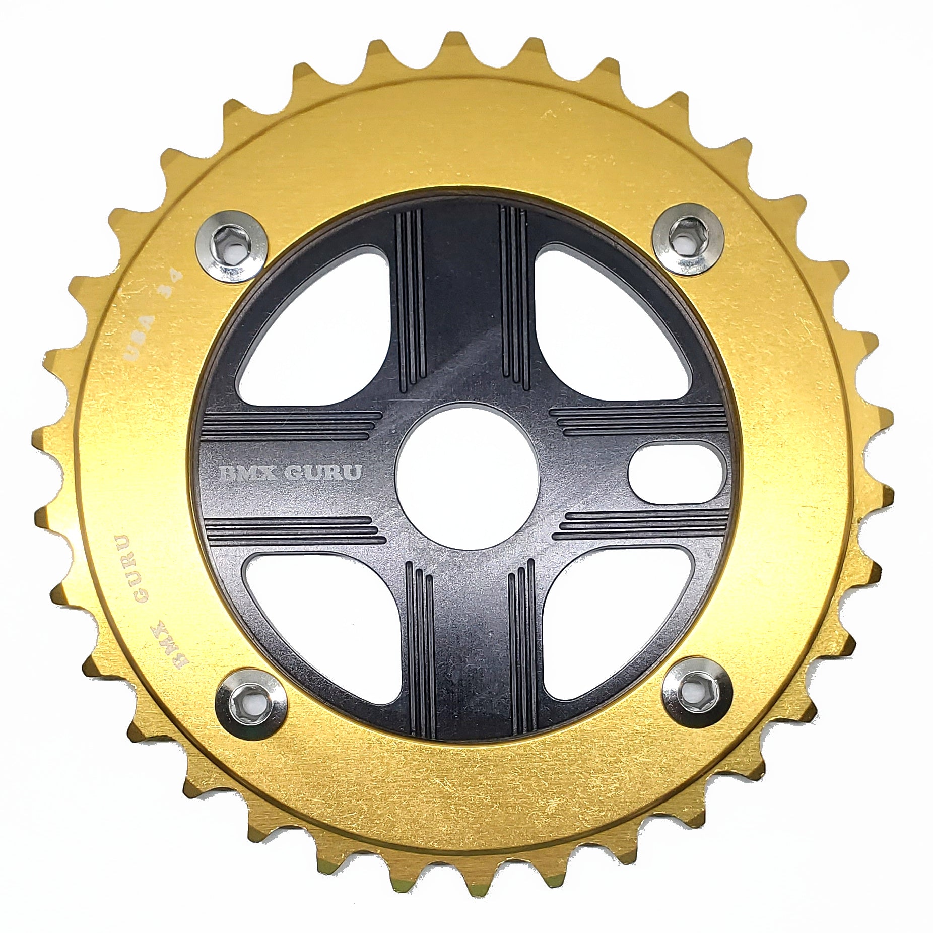 BMXGuru 34T Aluminum Spider & 4-bolt Chainring Combo - Gold over Black - USA Made