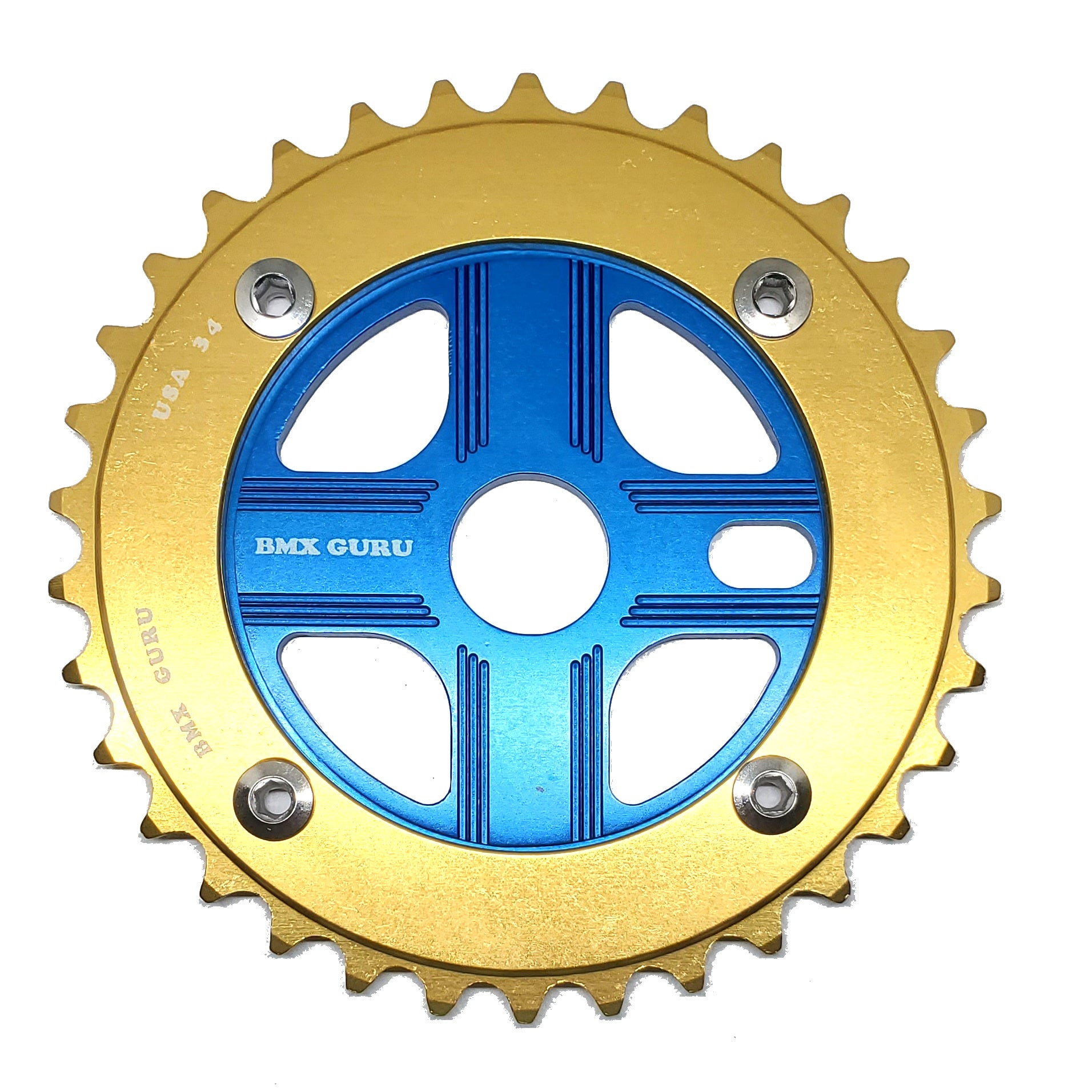 BMXGuru 34T Aluminum Spider & 4-bolt Chainring Combo - Gold over Blue - USA Made