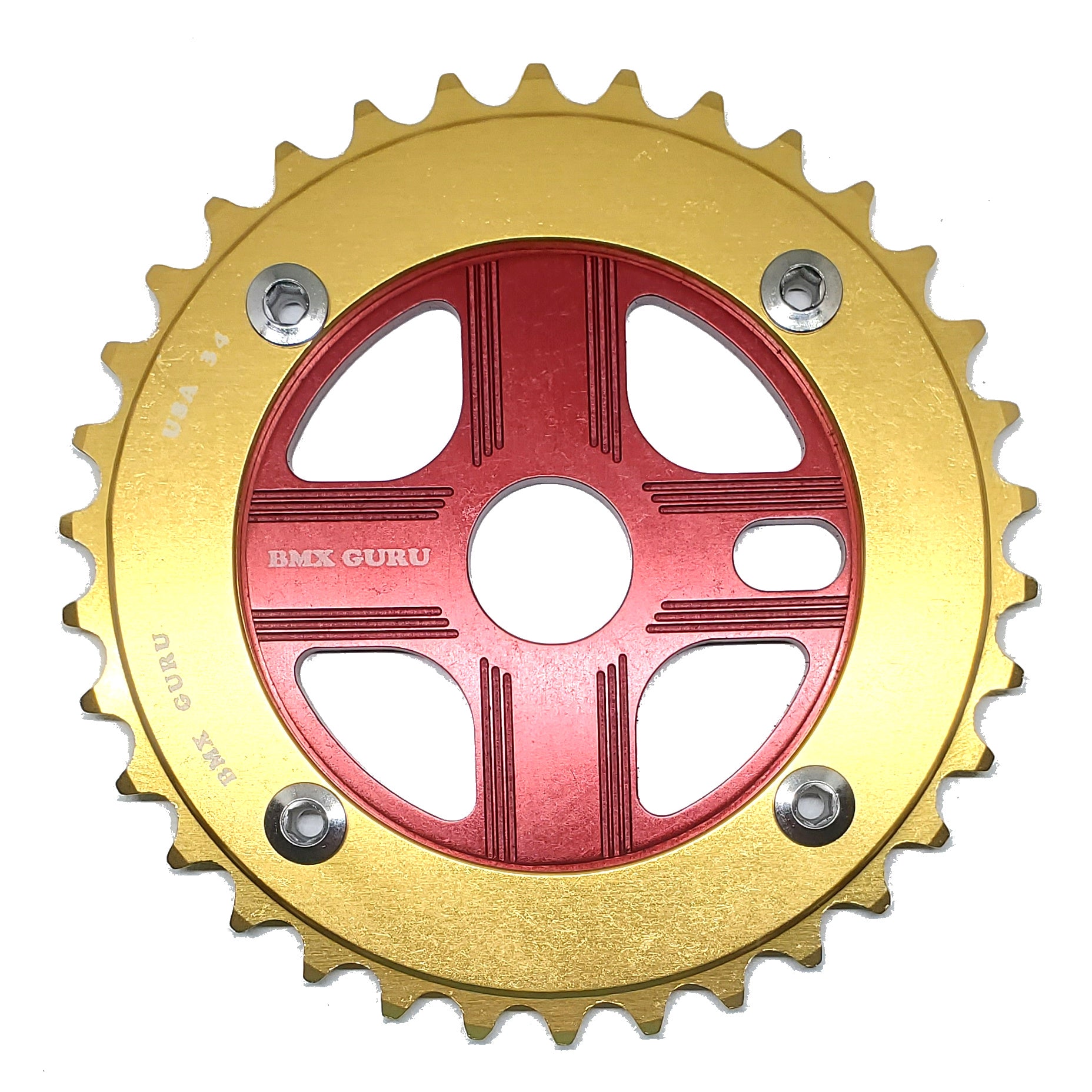 BMXGuru 34T Aluminum Spider & 4-bolt Chainring Combo - Gold over Red - USA Made