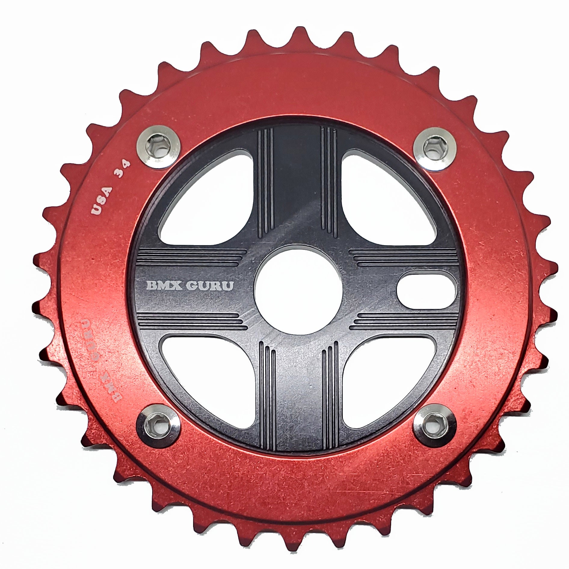 BMXGuru 34T Aluminum Spider & 4-bolt Chainring Combo - Red over Black - USA Made