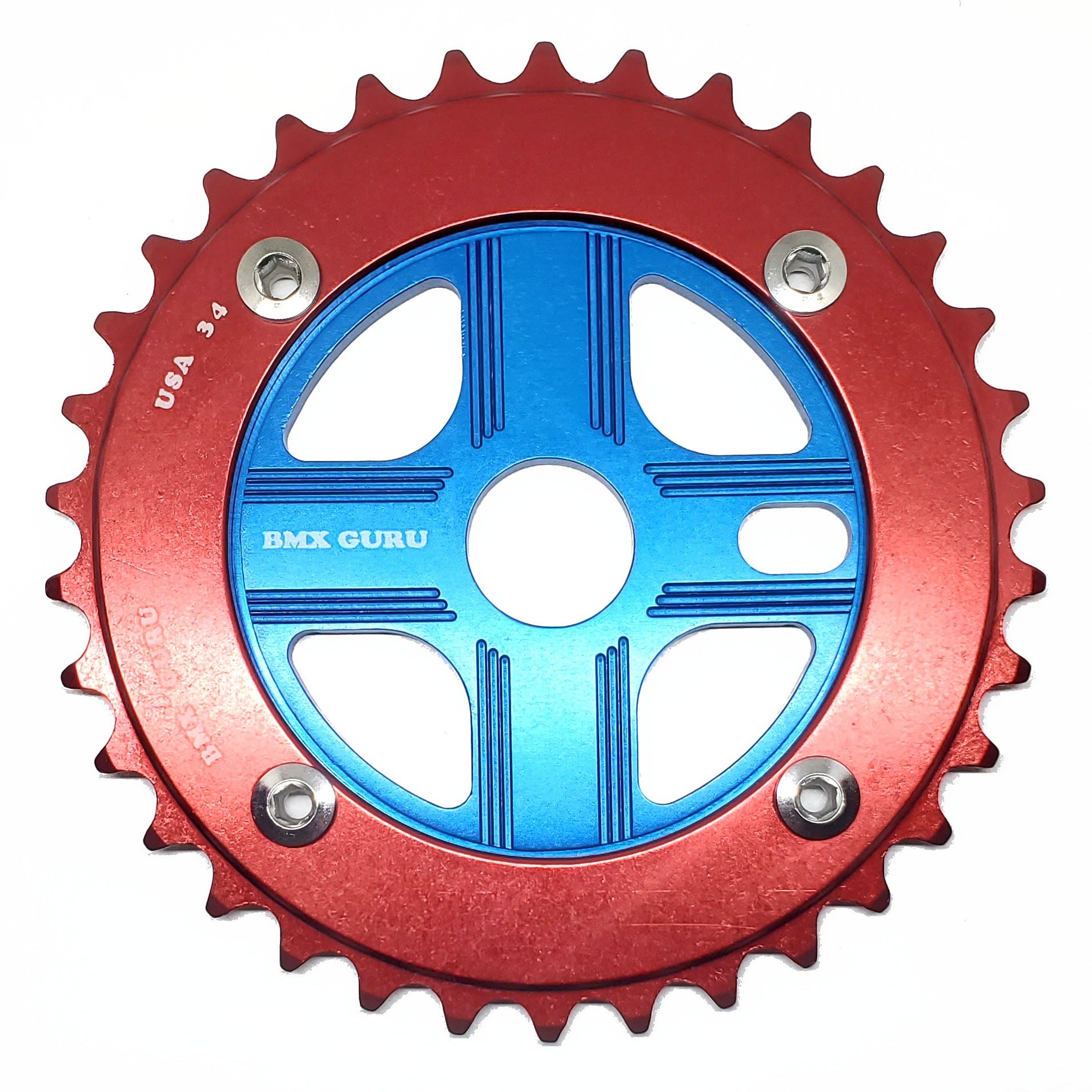 BMXGuru 34T Aluminum Spider & 4-bolt Chainring Combo - Red over Blue - USA Made