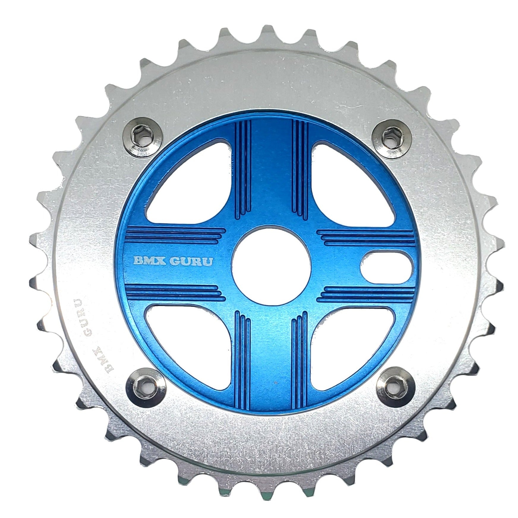 BMXGuru 34T Aluminum Spider & 4-bolt Chainring Combo - Silver over Blue - USA Made