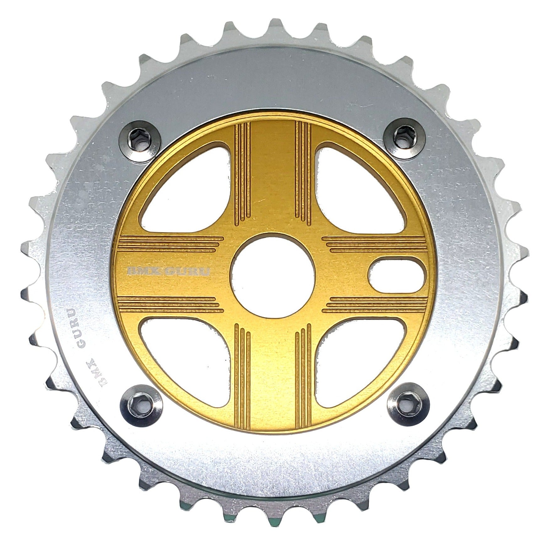 BMXGuru 34T Aluminum Spider & 4-bolt Chainring Combo - Silver over Gold - USA Made