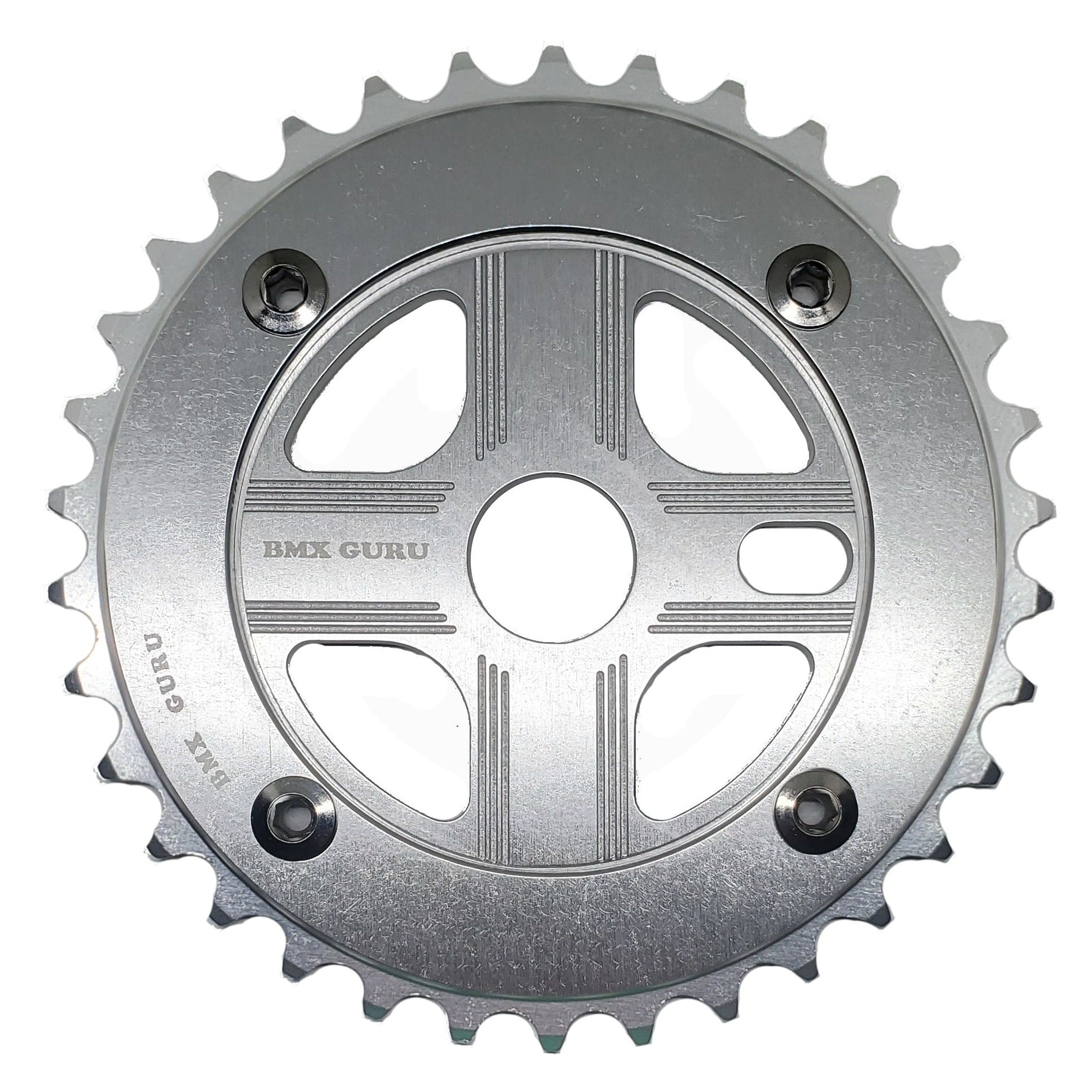 BMXGuru 34T Aluminum Spider & 4-bolt Chainring Combo - Silver over Silver - USA Made