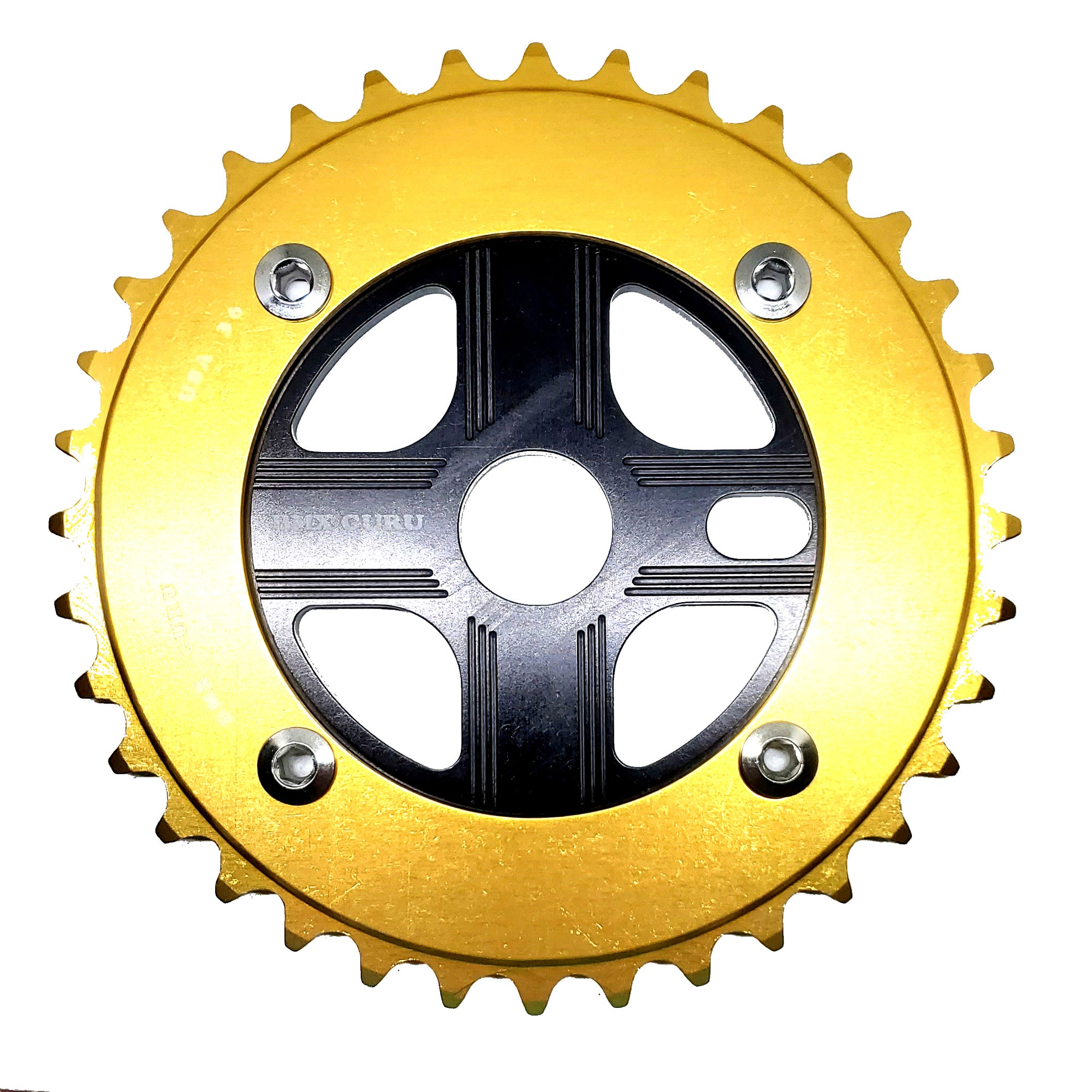 BMXGuru 36T Aluminum Spider & 4-bolt Chainring Combo - Gold over Black -  USA Made