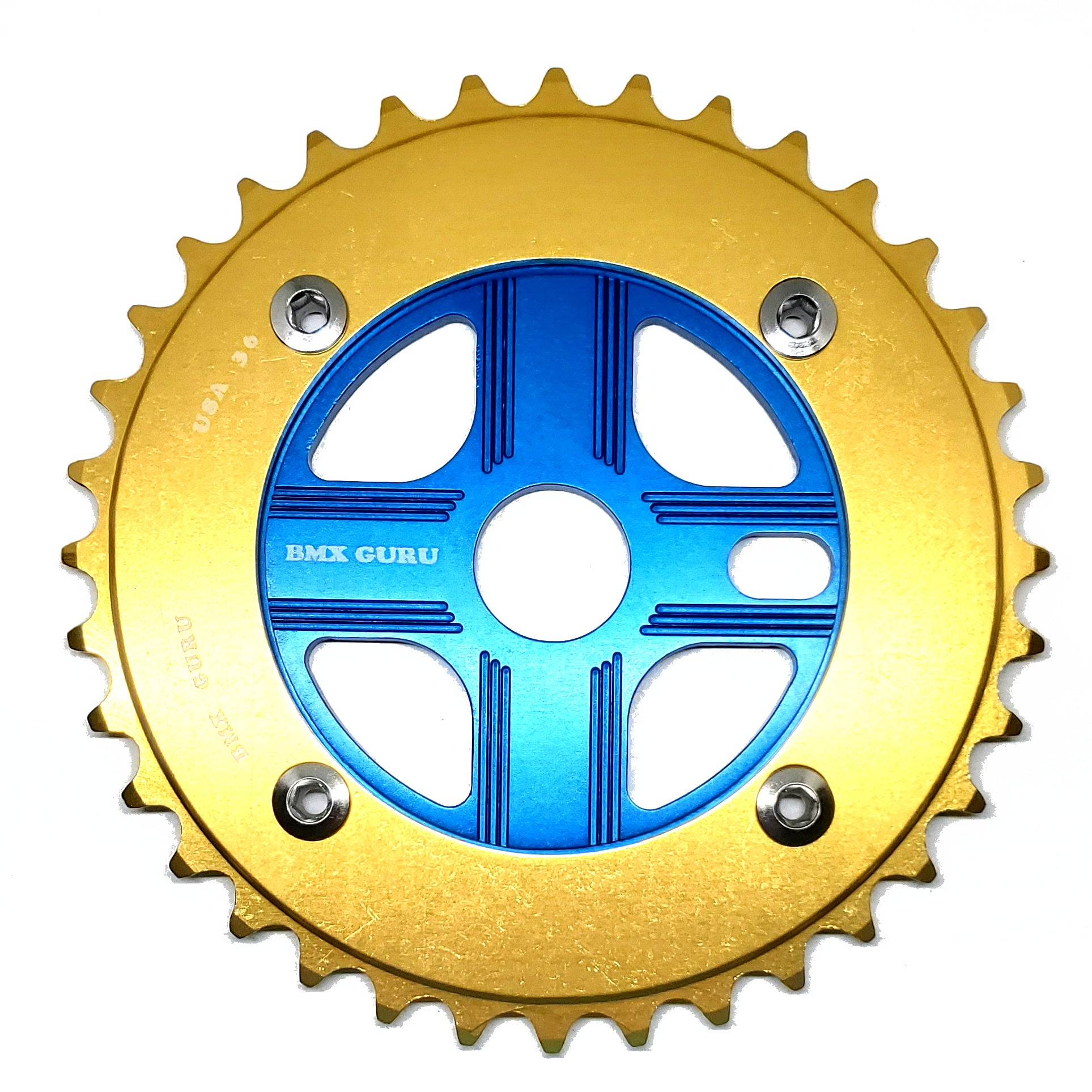 BMXGuru 36T Aluminum Spider & 4-bolt Chainring Combo - Gold over Blue - USA Made