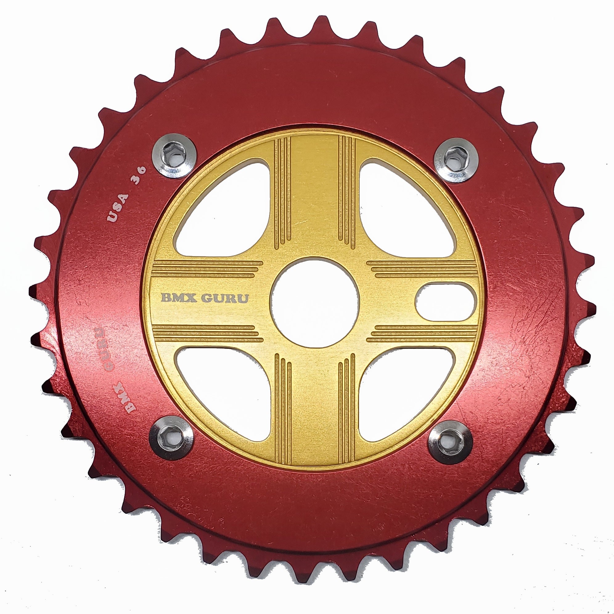 BMXGuru 36T Aluminum Spider & 4-bolt Chainring Combo - Red over Gold - USA Made