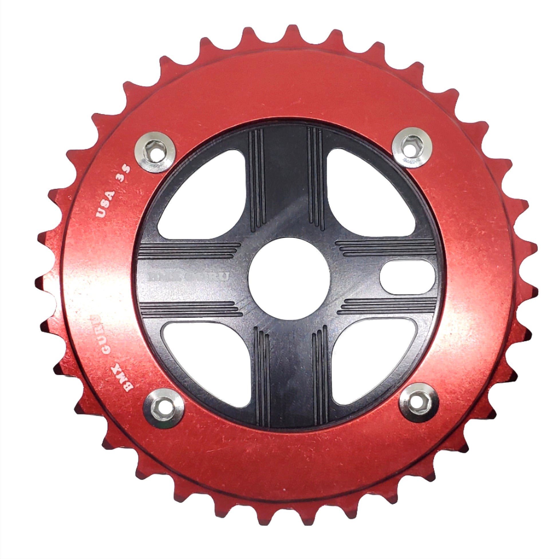 BMXGuru 35T Aluminum Spider & 4-bolt Chainring Combo - Red over Black - USA Made