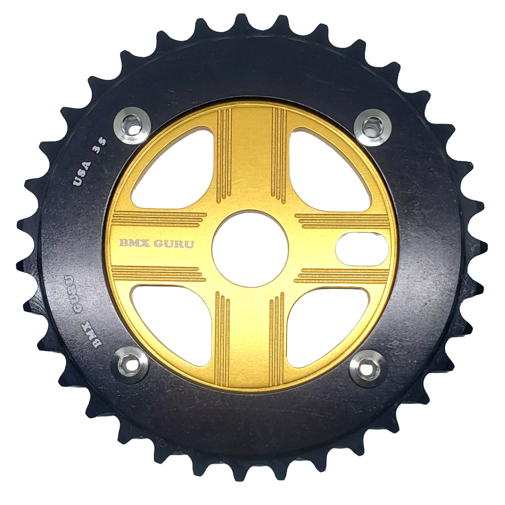 BMXGuru 35T Aluminum Spider & 4-bolt Chainring Combo - Black over Gold - USA Made