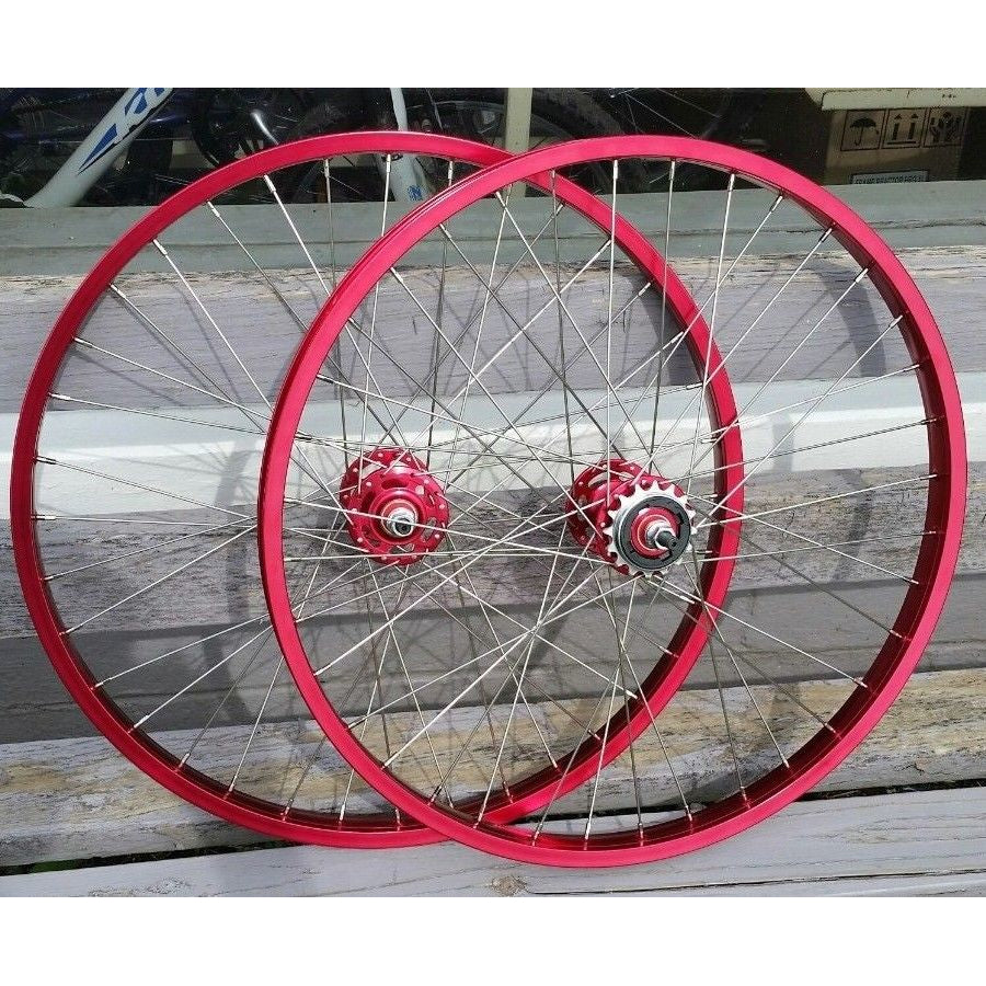 24" 7X style Sealed Road Flange BMX Wheels - Pair - w/ 16t Freewheel - Red Anodized