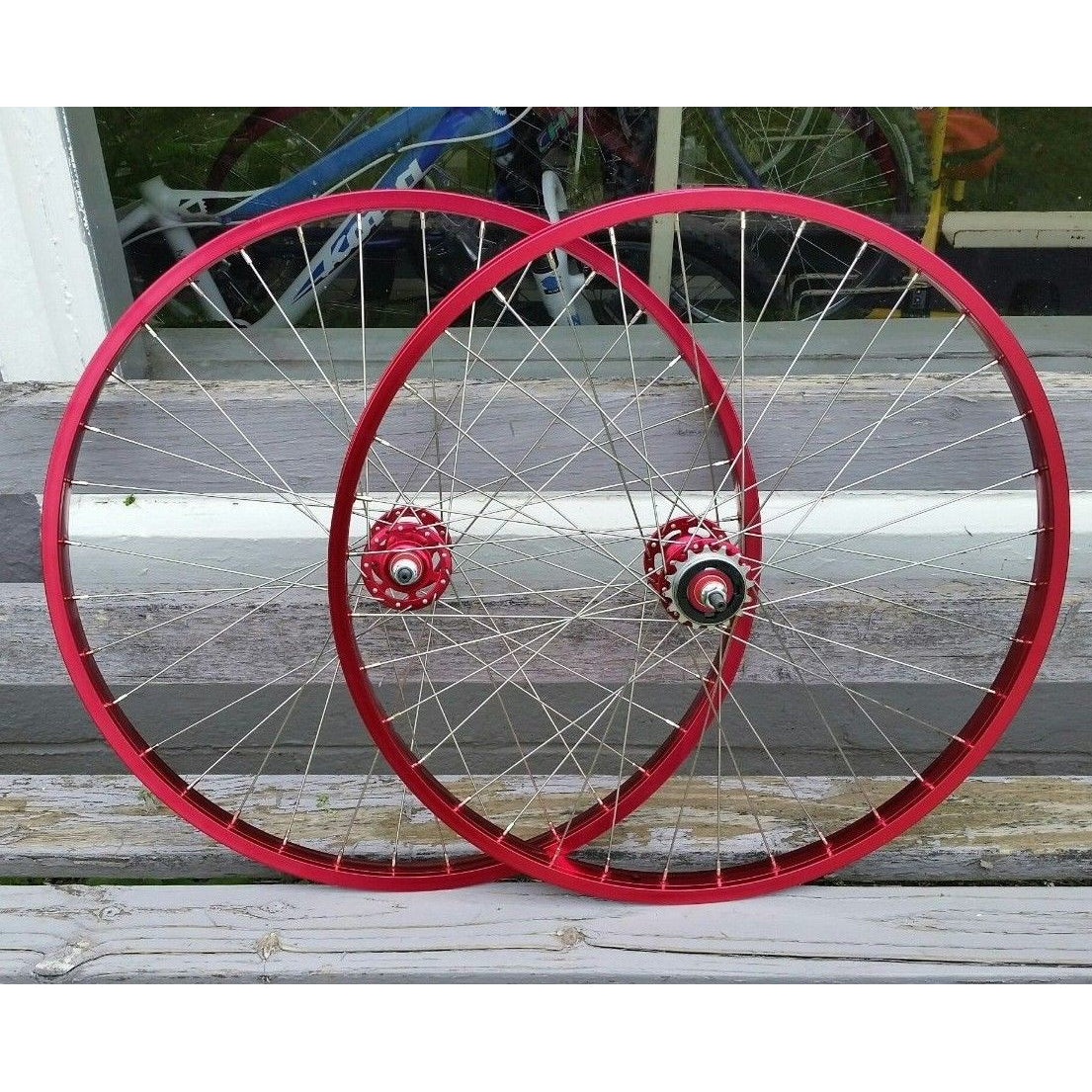 26" 7X style Sealed Road Flange BMX Wheels - Pair - w/ 16t Freewheel - Red Anodized