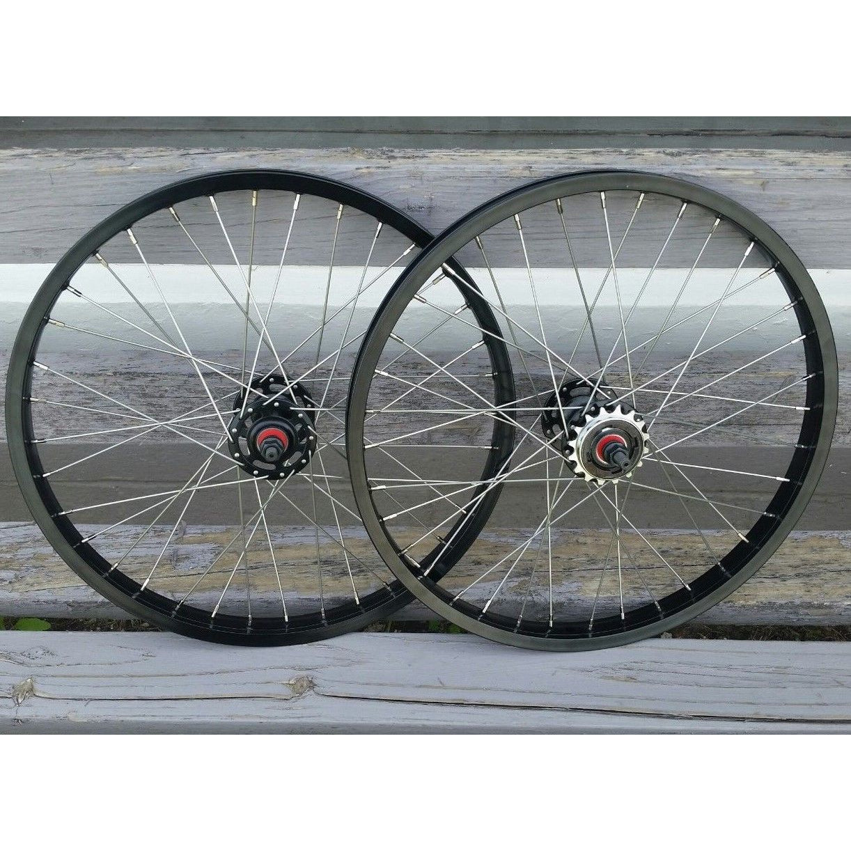 20" 7X style Sealed Road Flange BMX Wheels w/ 16t Freewheel - Pair - Black Anodized