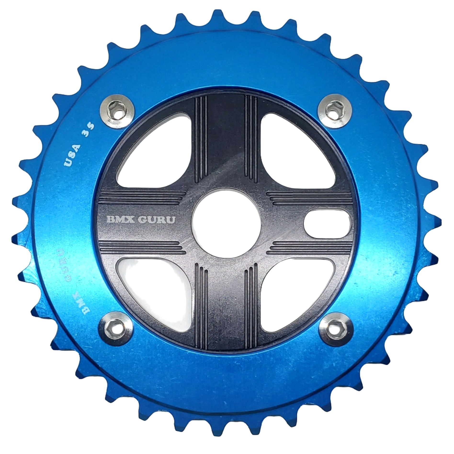 BMXGuru 35T Aluminum Spider & 4-bolt Chainring Combo - Blue over Black - USA Made