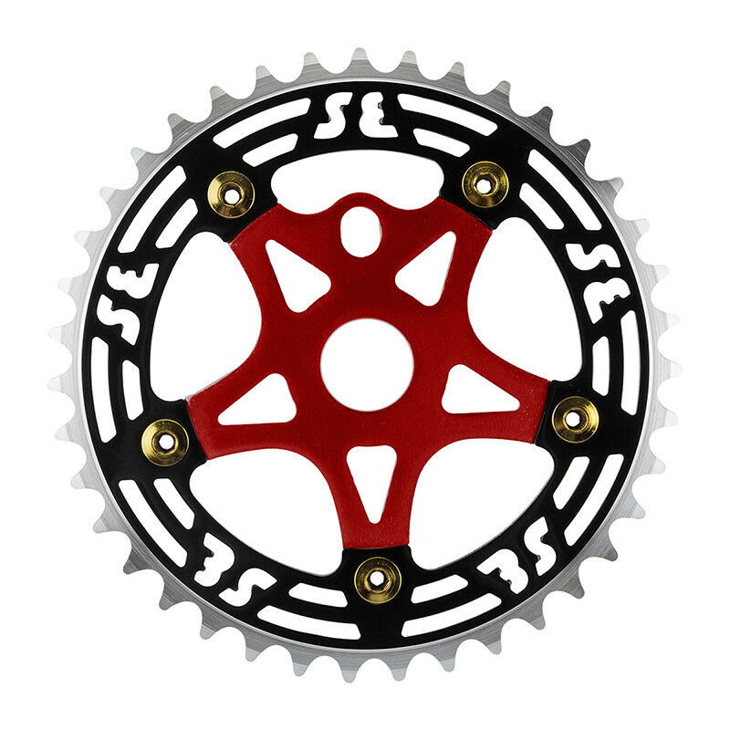 SE Racing BMX 39T Aluminum Spider & 5-bolt Chainring Combo - Black over Red w/ Gold bolts