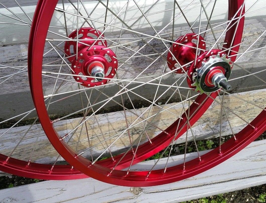 24" 7X style Sealed Road Flange BMX Wheels - Pair - w/ 16t Freewheel - Red Anodized